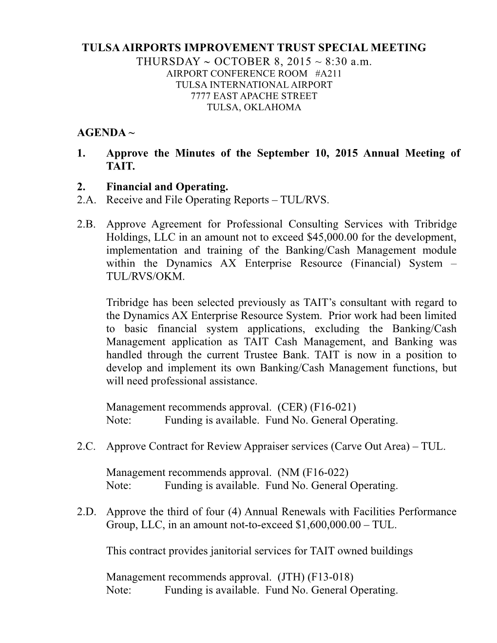 Tulsa Airports Improvement Trust Specialmeeting