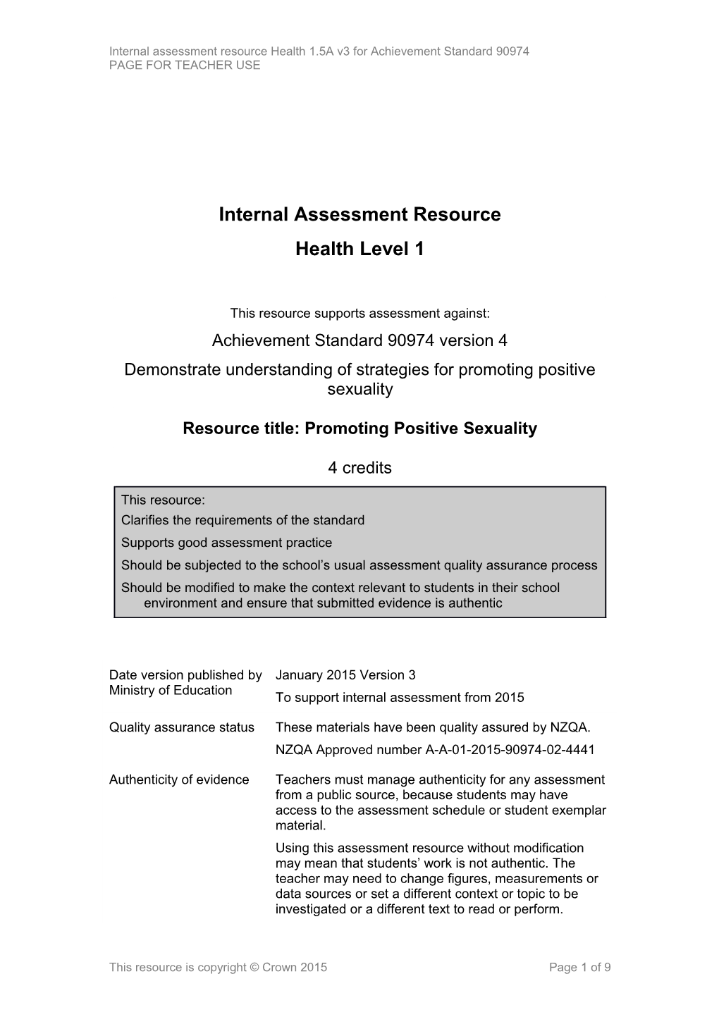 Level 1 Health Internal Assessment Resource