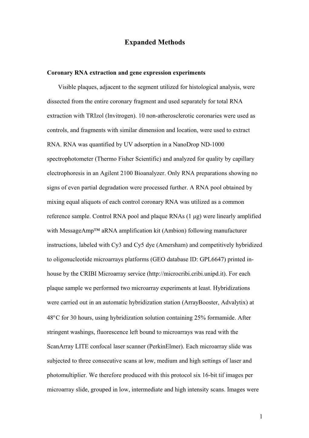 Coronary RNA Extraction and Gene Expression Experiments