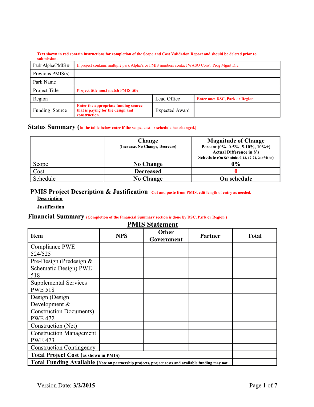 Scope and Cost Validation Report Template