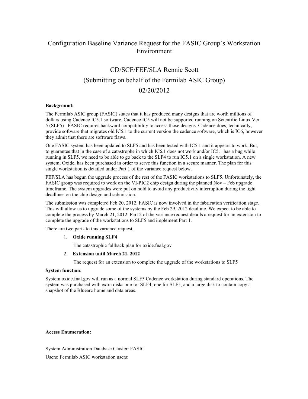 Configuration Baseline Variance Request for the FASIC Group S Workstation Environment