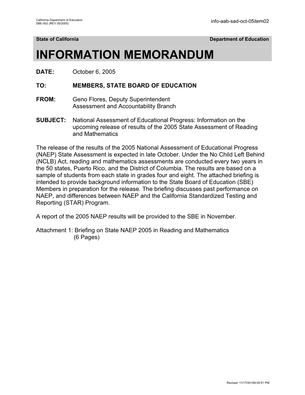 October 2005 SAD Item 2 - Information Memorandum (CA State Board of Education)
