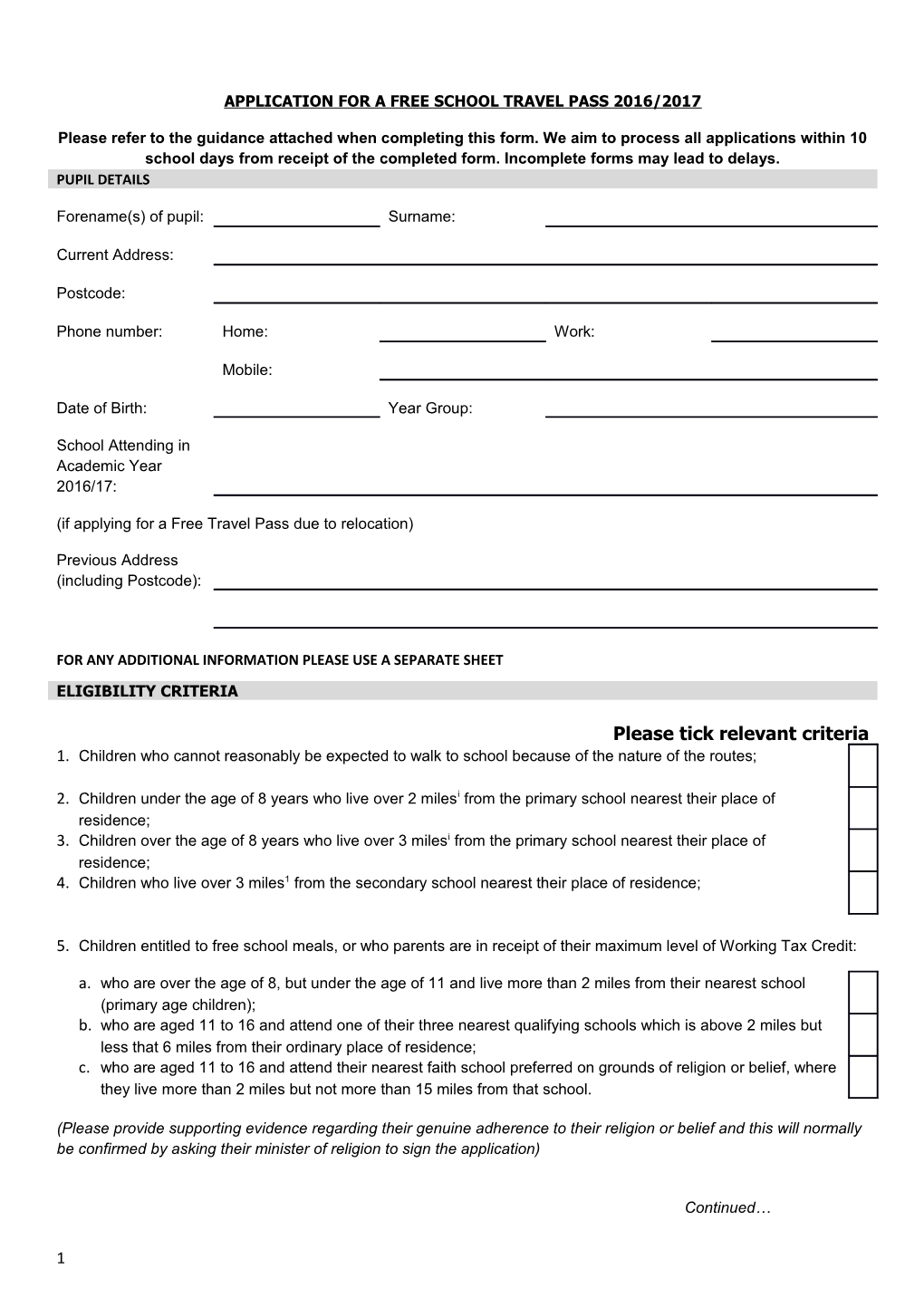 Application for a Free School Travel Pass