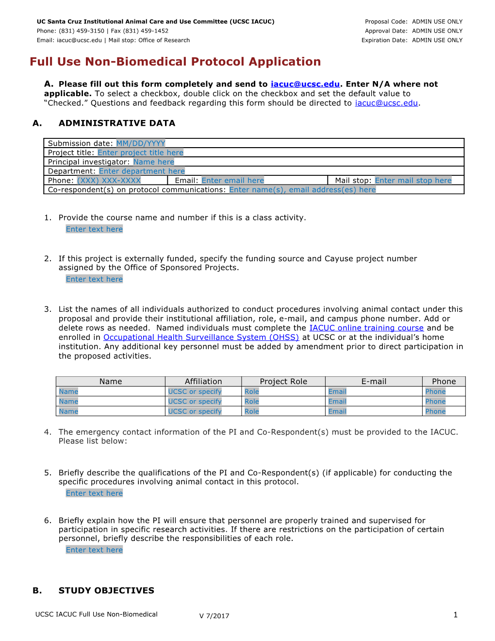 UCSC Live Vertebrate Animal Study Non-Biomedical