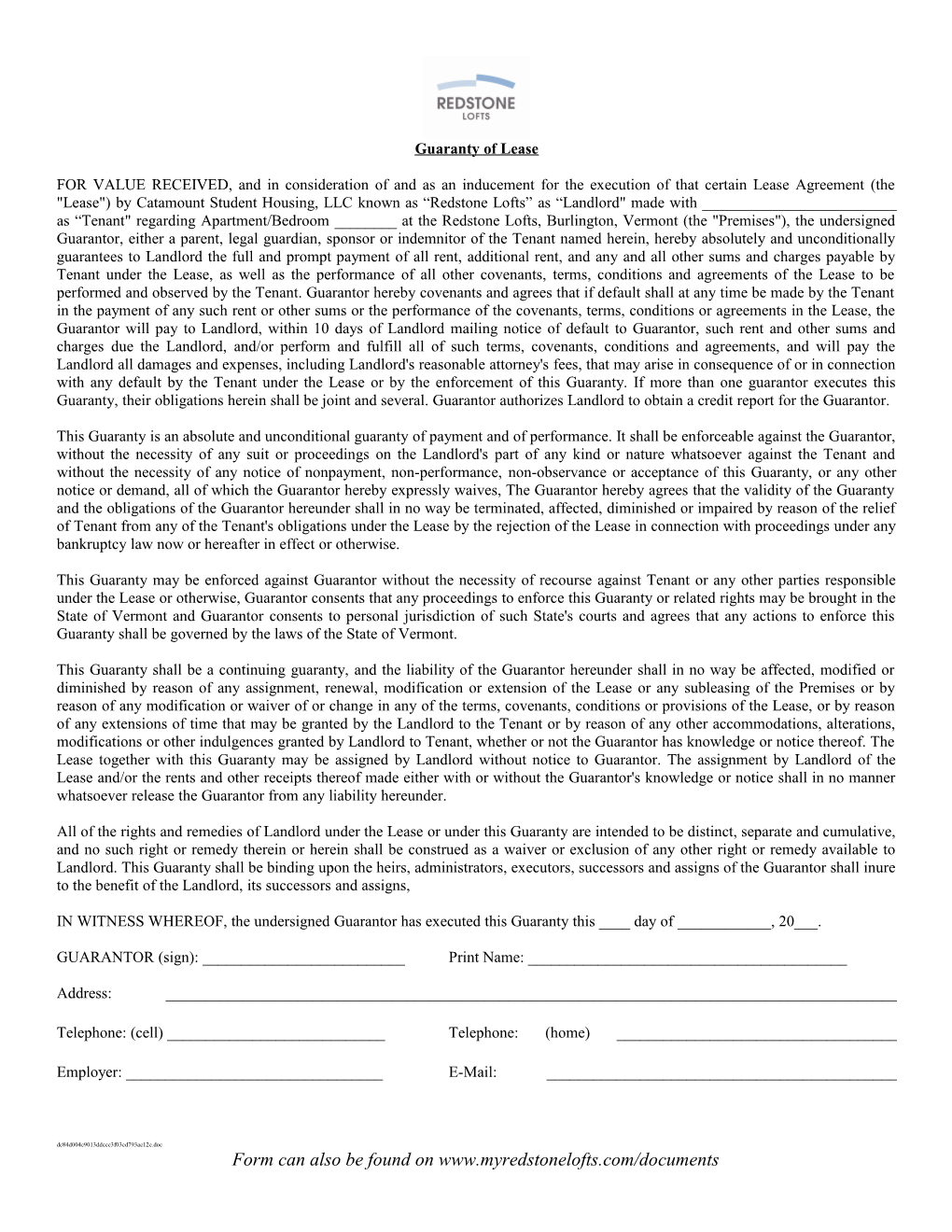 Redstone Lofts - Lease Guaranty Form (00072416-2)