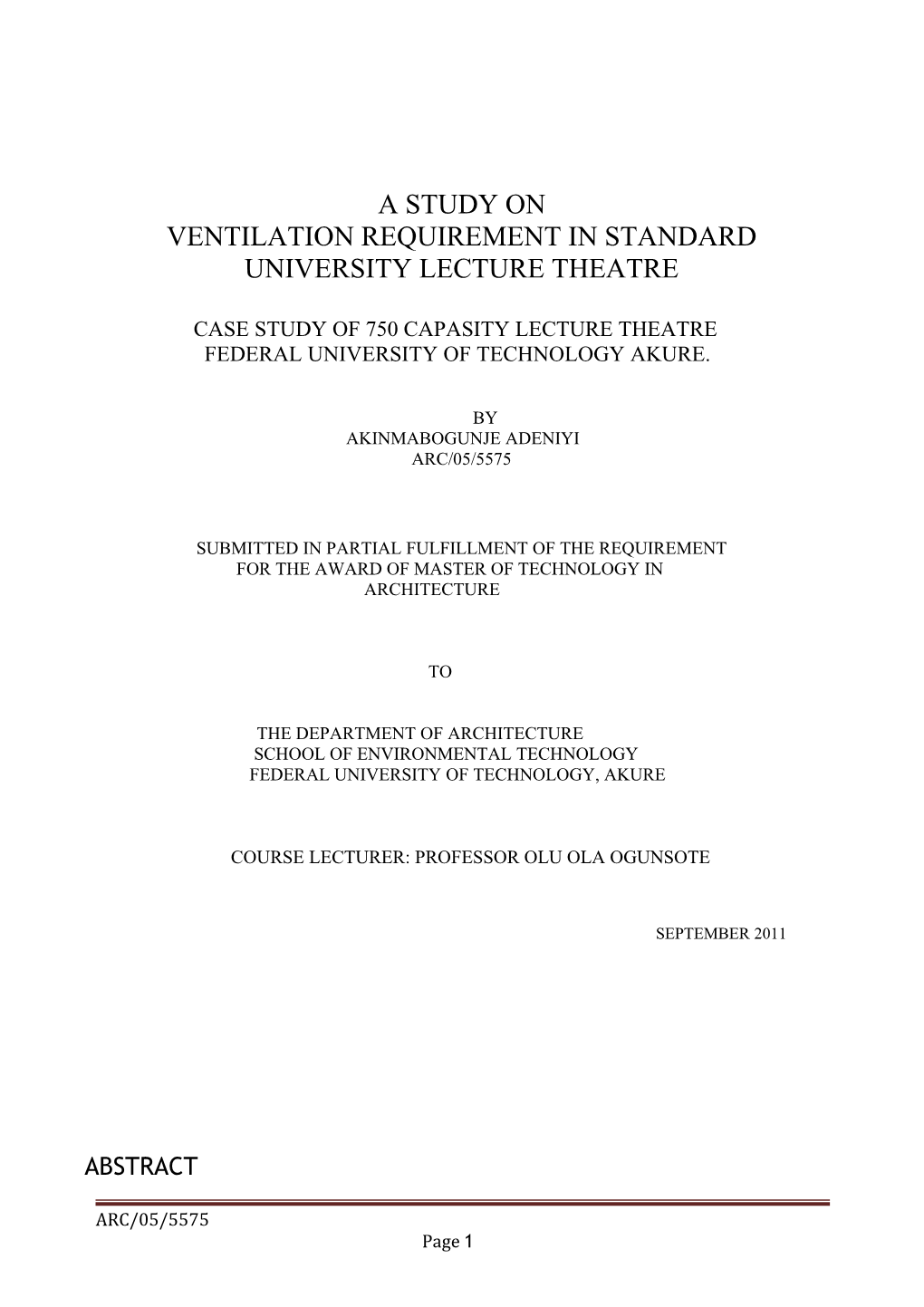 Ventilation Requirement in Standard University Lecture Theatre