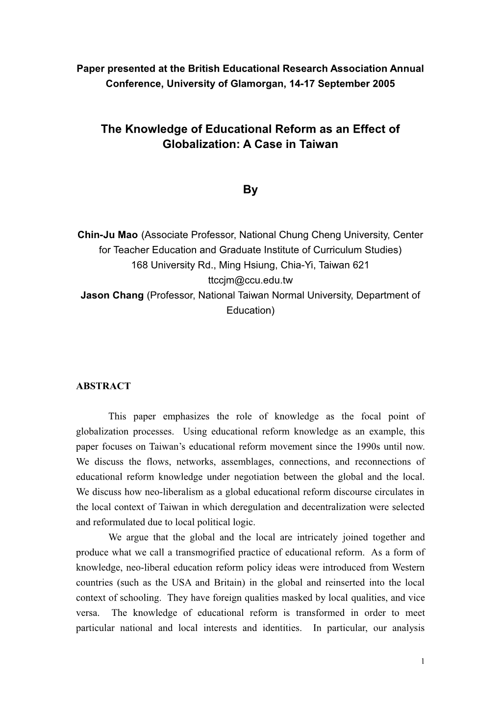 The Knowledge of Educational Reform As Effect of Globalization: a Case in Taiwan