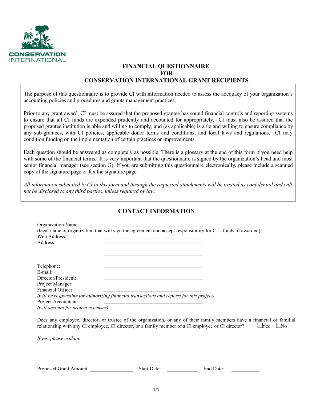 Financial Questionnaire for Grant Recipients