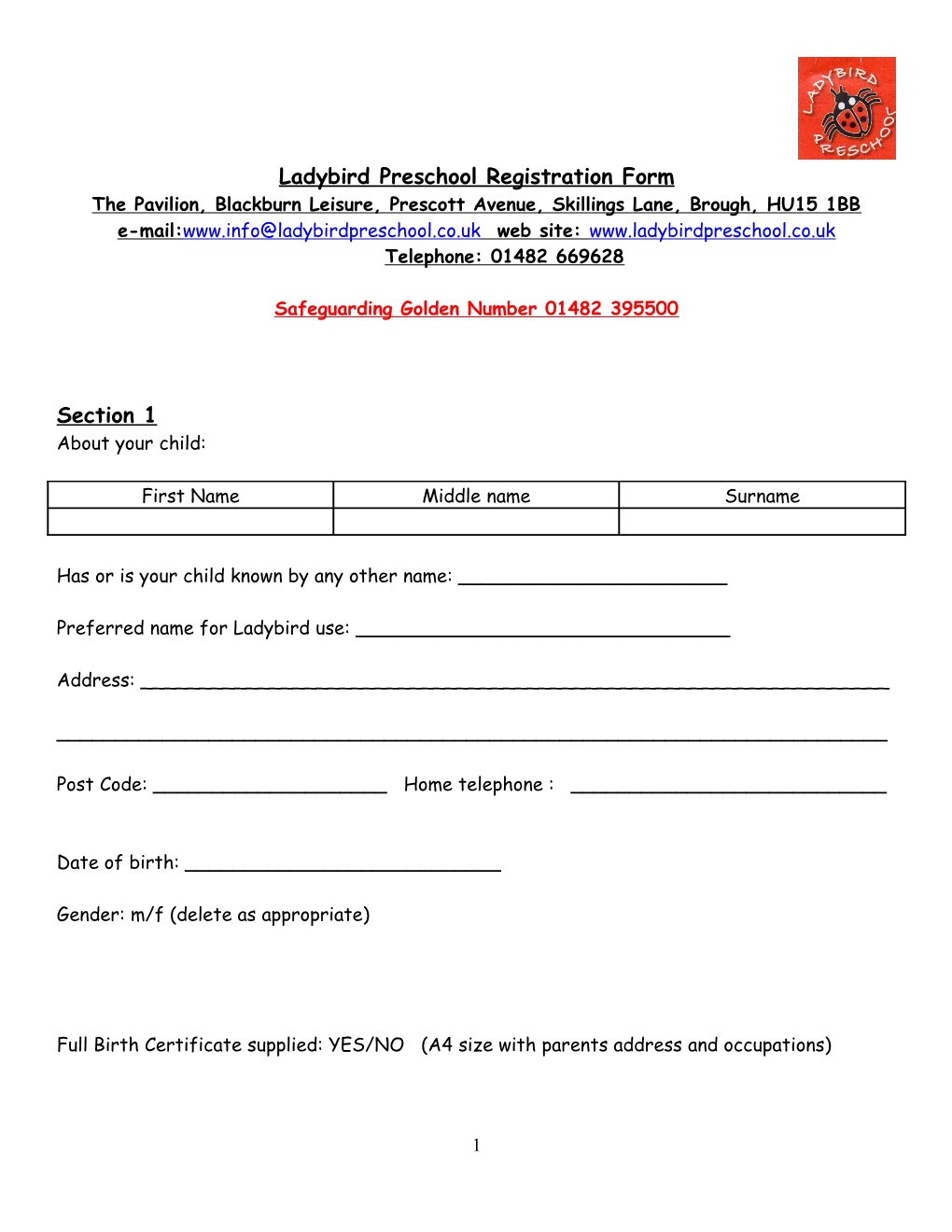 Ladybird Preschool Registration Form