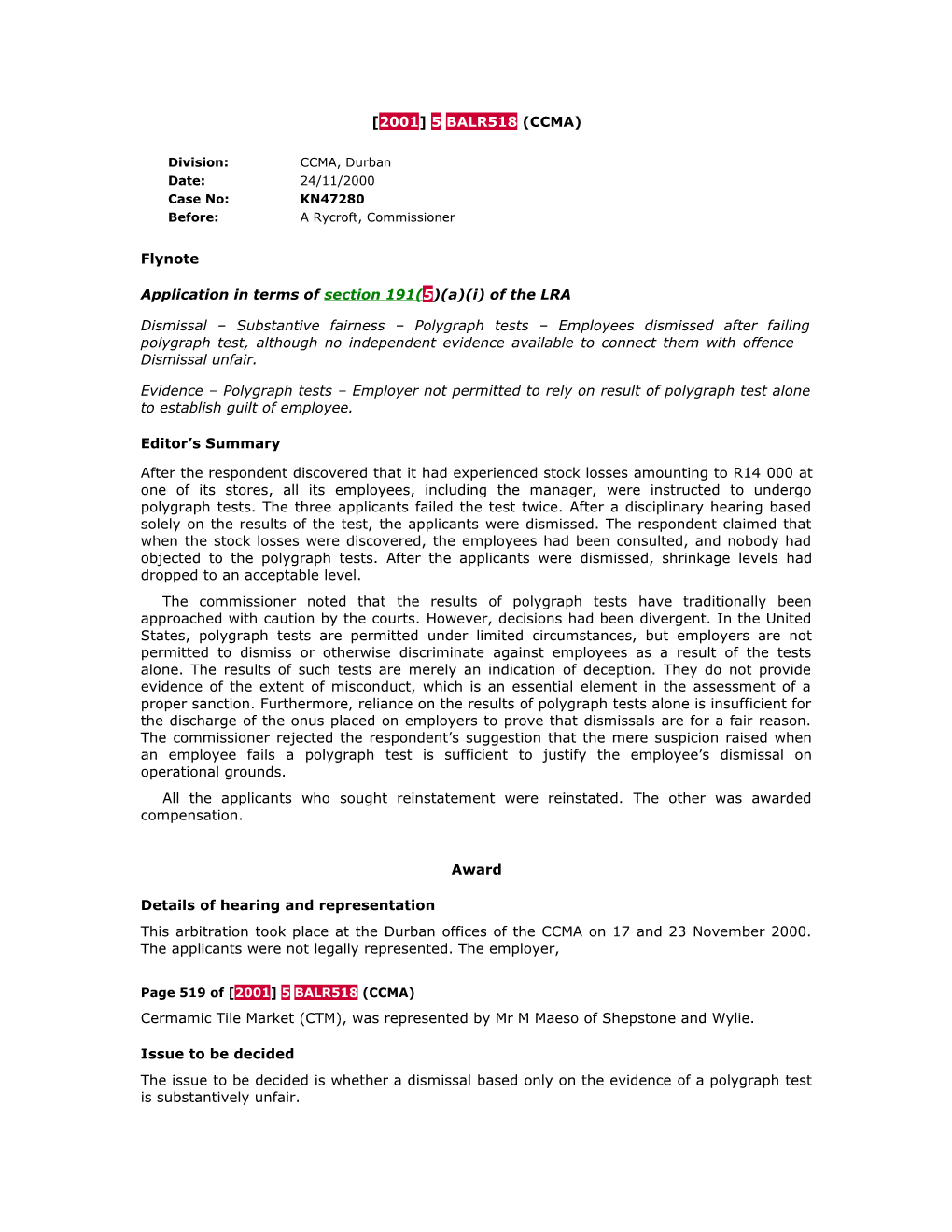 Application in Terms of Section 191(5)(A)(I) of the LRA