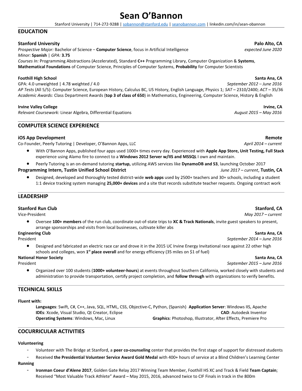 Stanford University 714-272-9288 Seanobannon.Com Linkedin.Com/In/Sean-Obannon