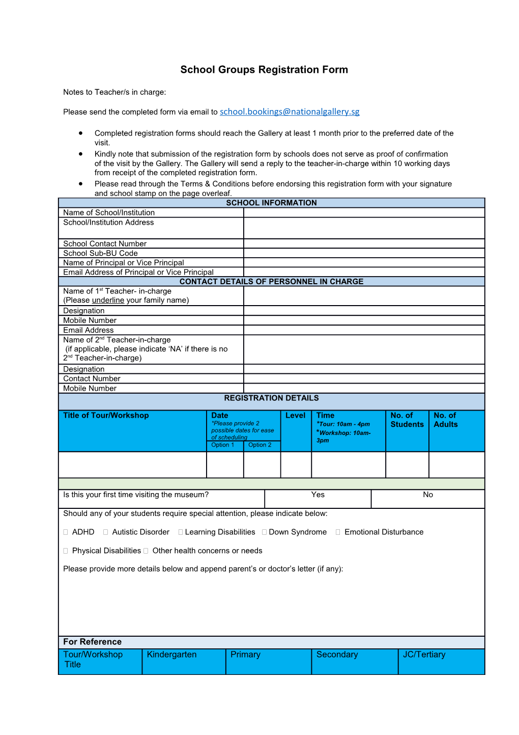 School Groupsregistration Form
