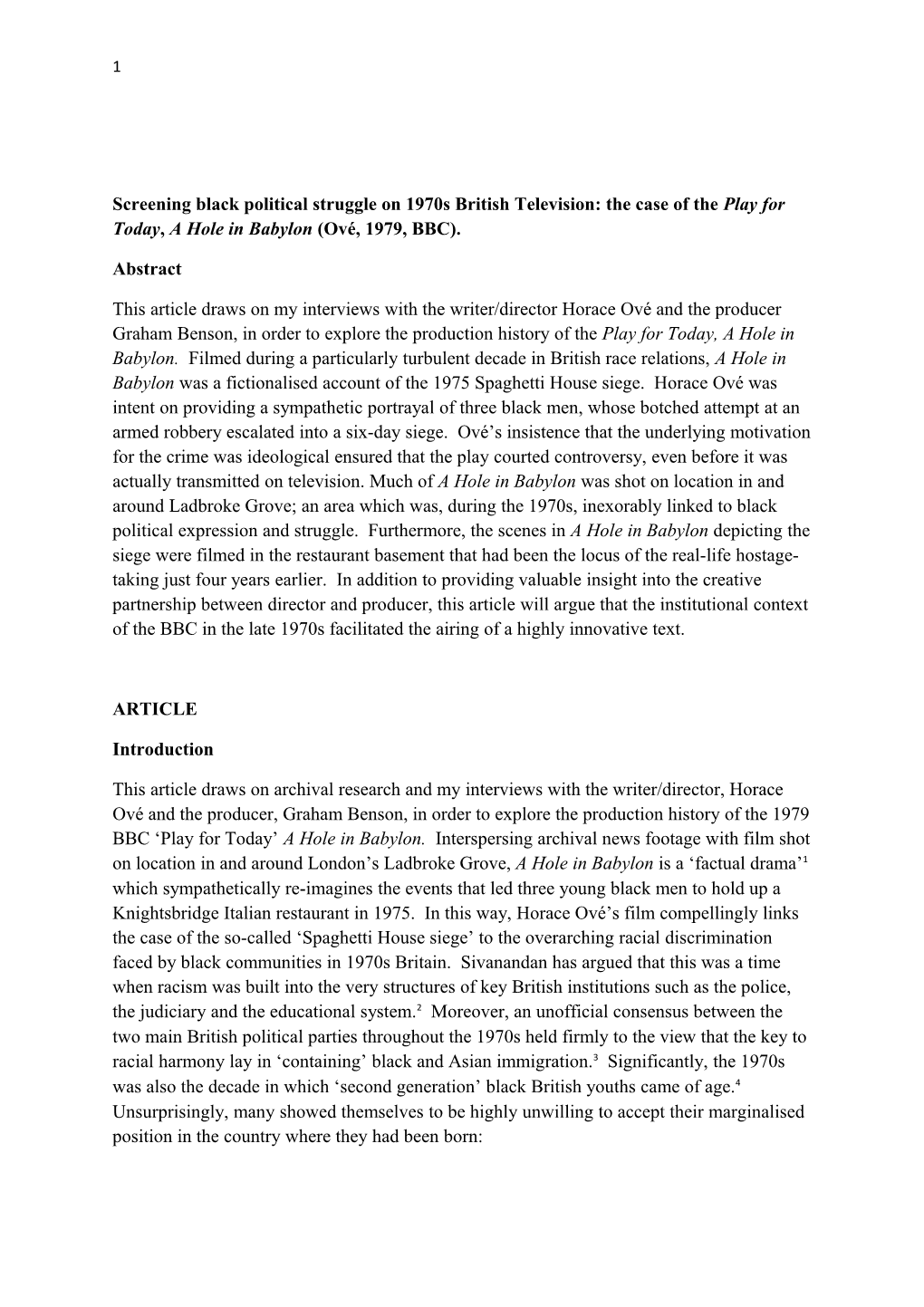 Screening Black Political Struggle on 1970S British Television: the Case of the Play Fortoday