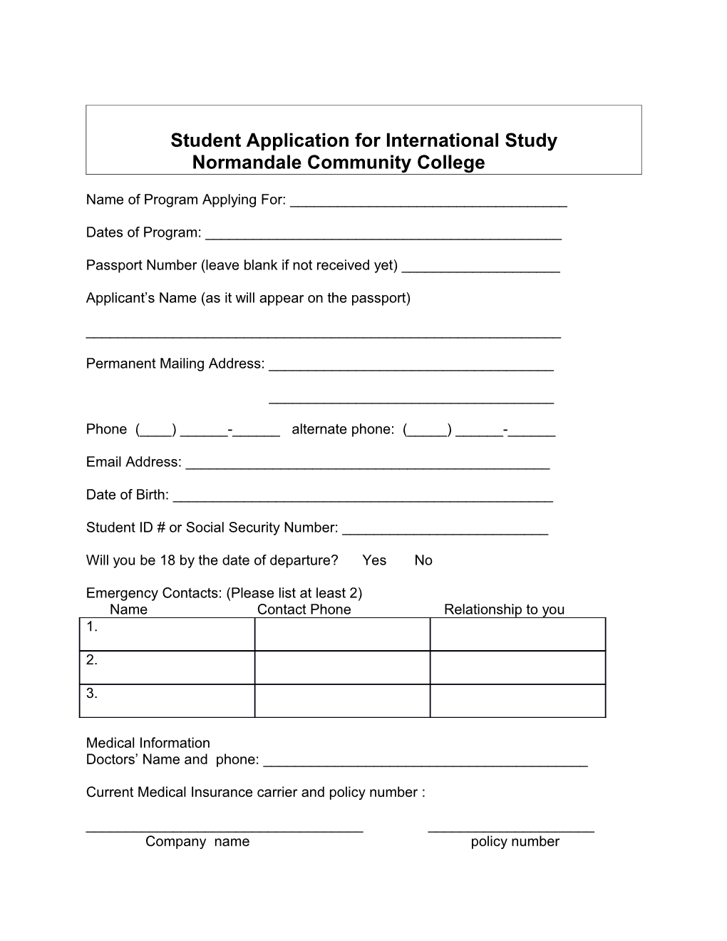 Student Application for International Study