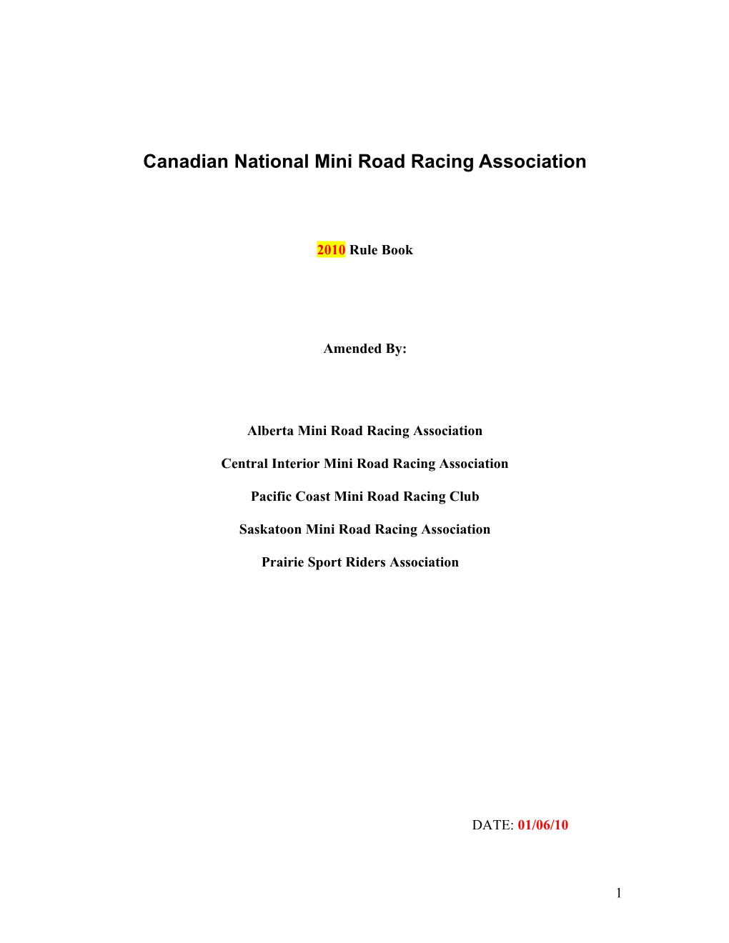 Canadian National Mini Road Racing Association 2009 Rule Book