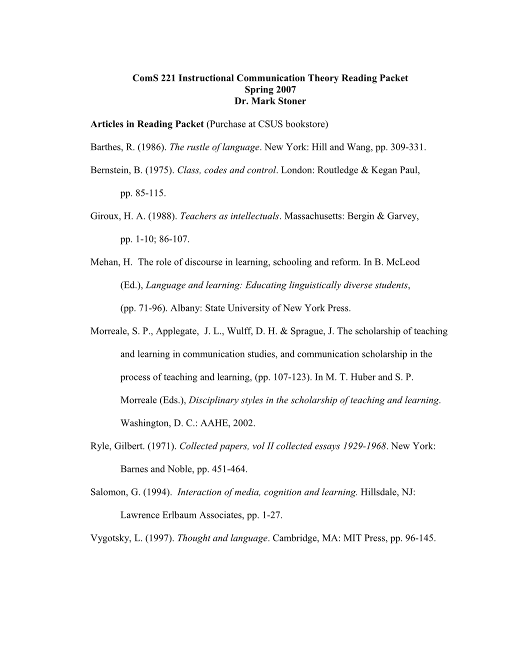 Coms 221 Instructional Communication Theory Reading Packet