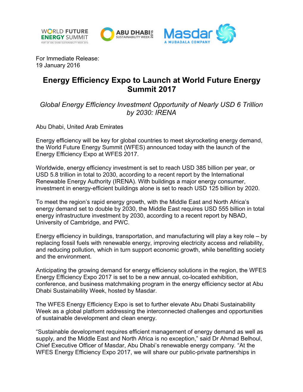 Energy Efficiency Expo to Launch at World Future Energy Summit 2017