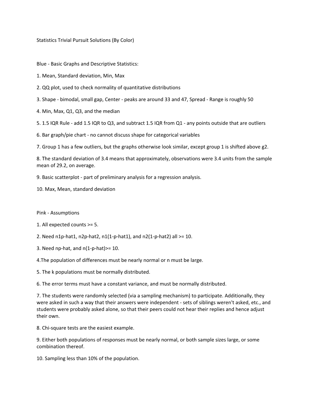 Statistics Trivial Pursuit Solutions (By Color)