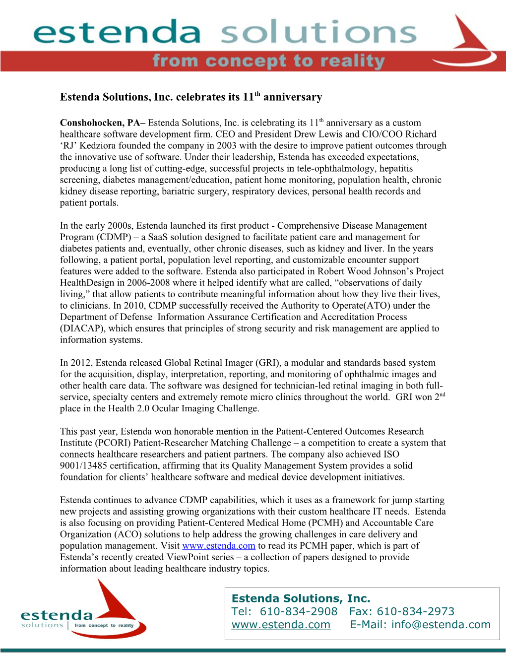 Estenda Solutions, Inc. Celebrates Its 11Th Anniversary