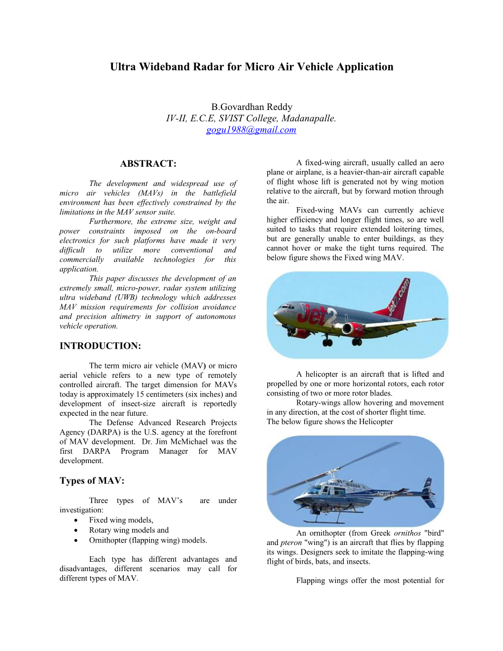 Ultra Wideband Radar for Micro Air Vehicle Application