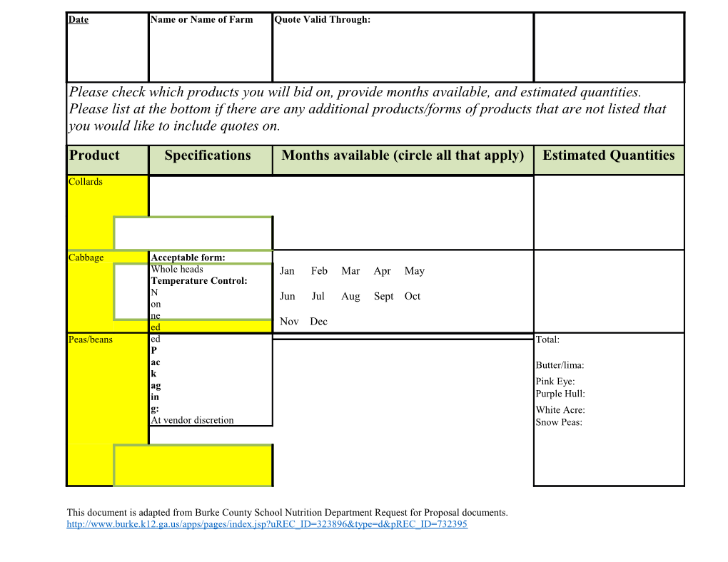 This Document Is Adapted from Burke County School Nutrition Department Request for Proposal