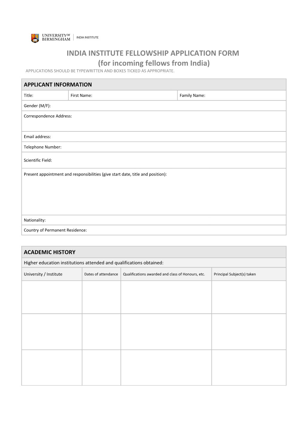 India Institute Fellowshipapplication Form