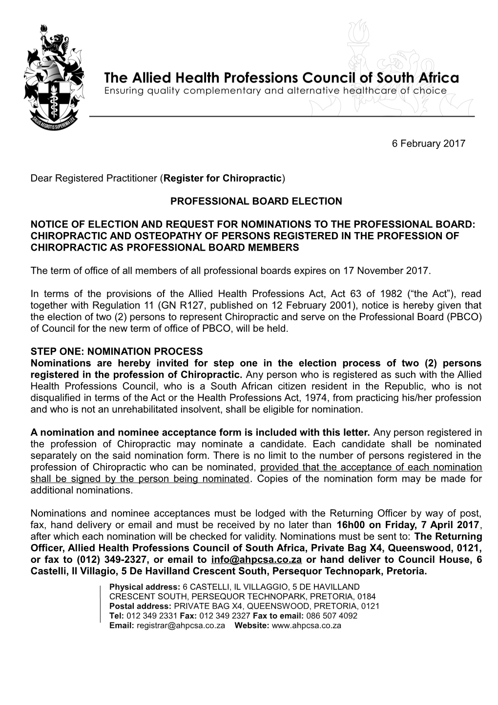 Dear Registered Practitioner ( Register for Chiropractic )