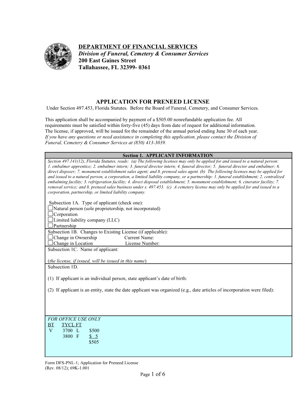 Application for Preneed License
