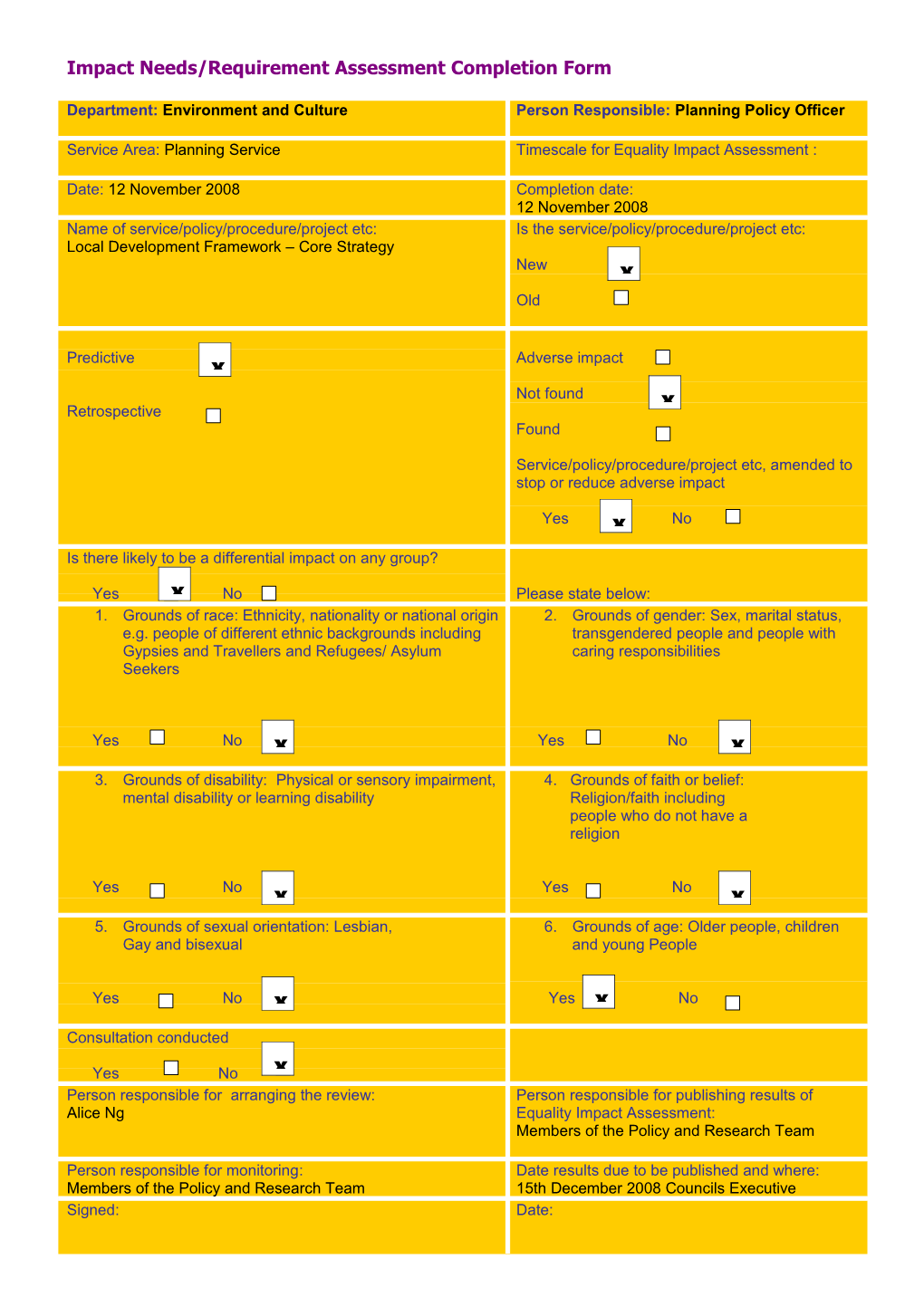 Impact Needs/Requirement Assessment Completion Form