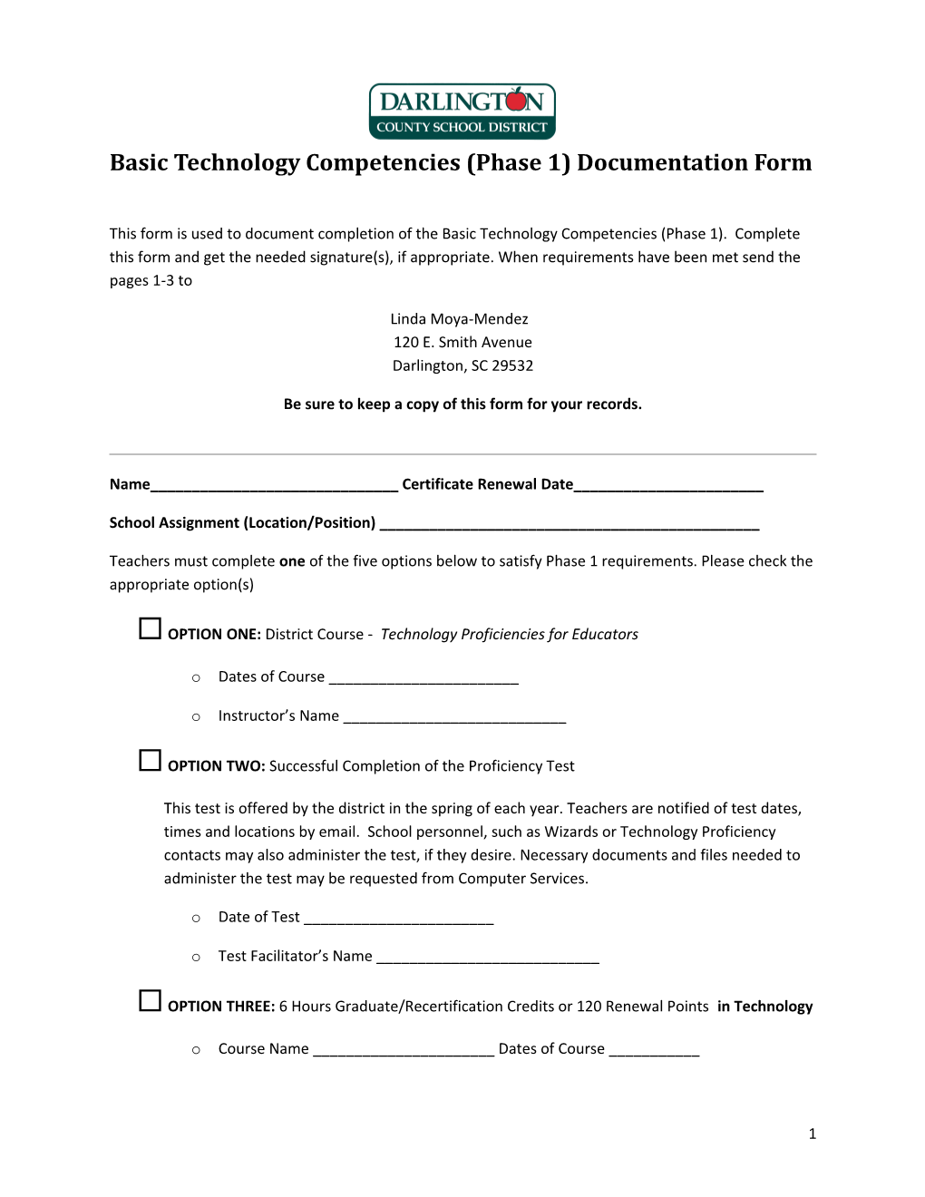 Basic Technology Competencies (Phase 1) Documentation Form