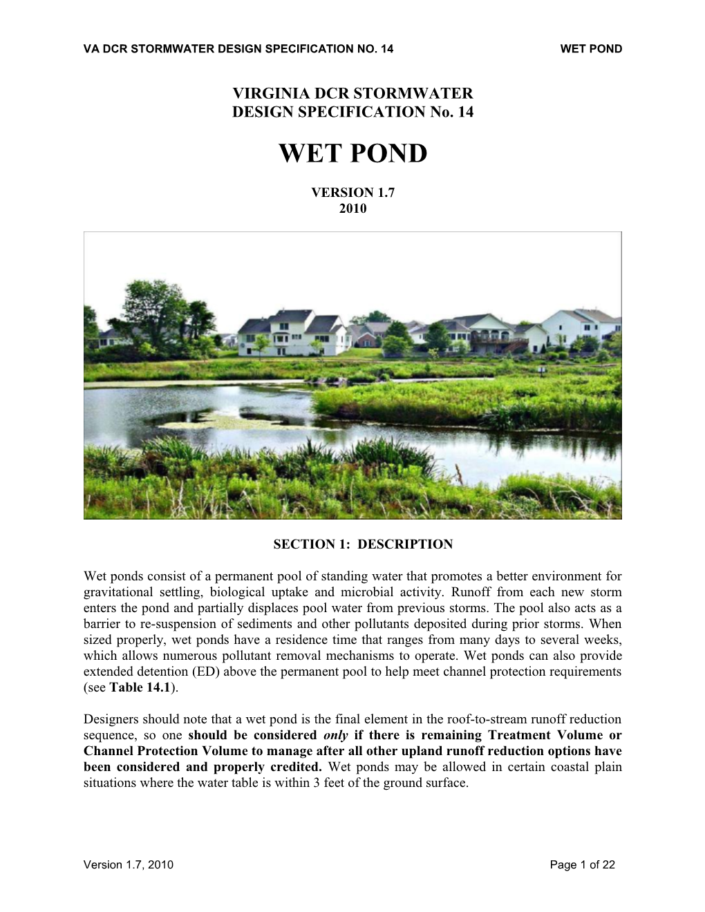 Va Dcr Stormwater Design Specification No. 14Wet Pond