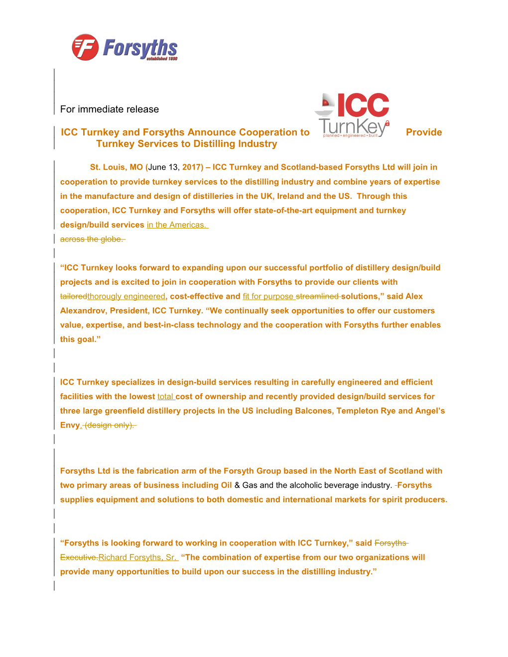 ICC Turnkey and Forsyths Announce Cooperation to Provide Turnkey Services to Distilling