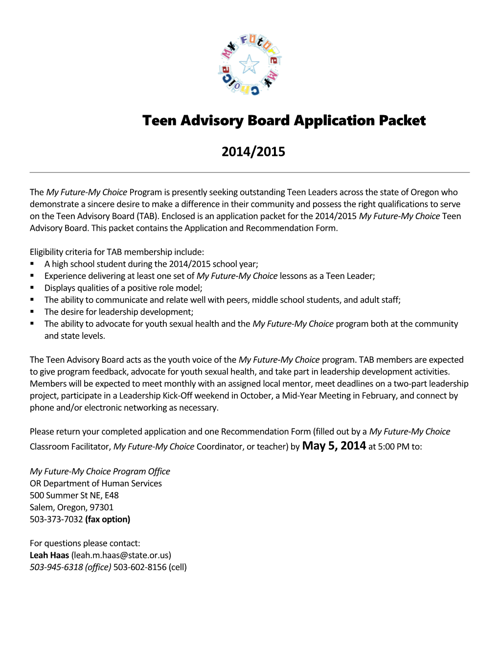 Teen Advisory Board Application Packet 2014-2015