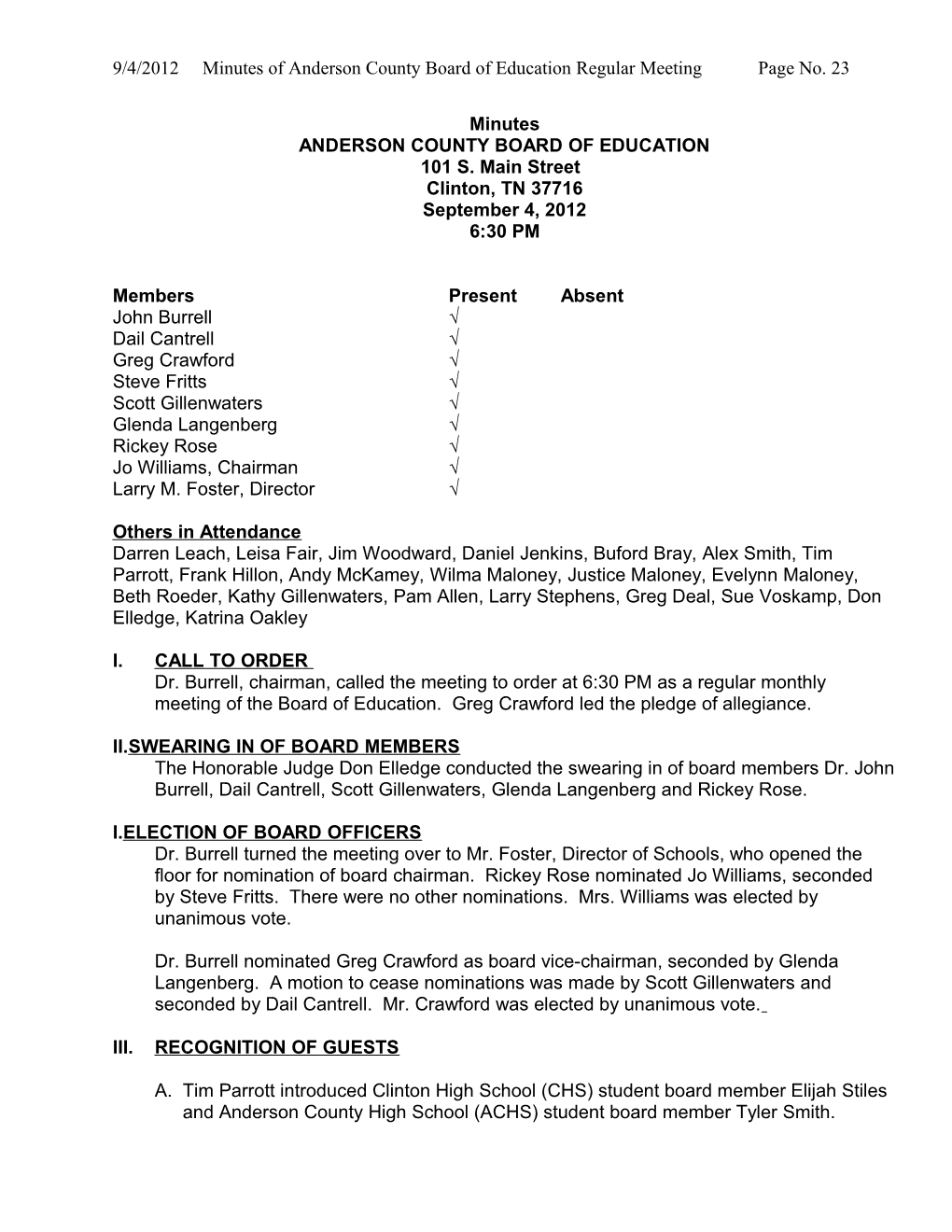 9/4/2012 Minutes of Anderson County Board of Education Regular Meeting Page No. 1