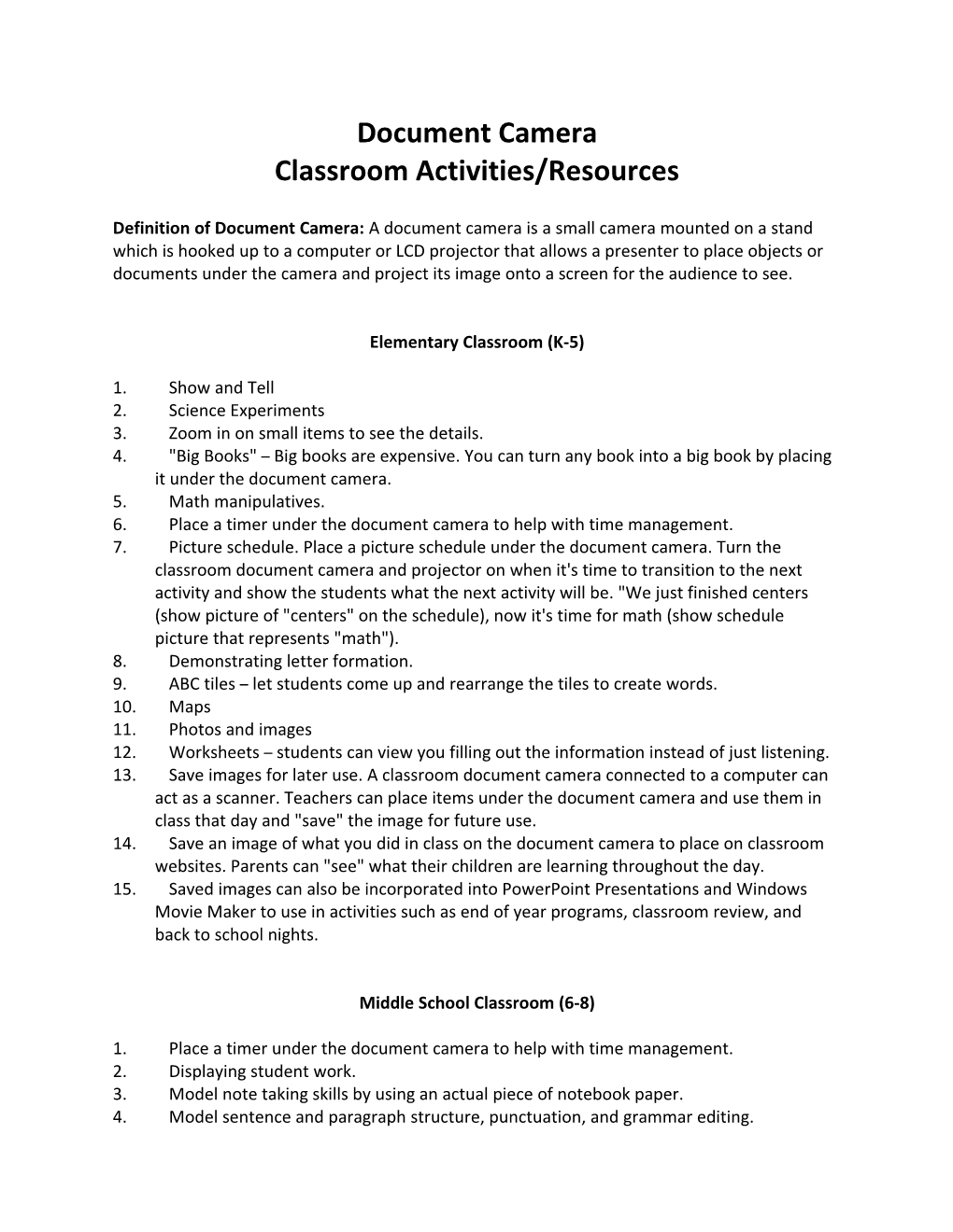 Classroom Activities/Resources