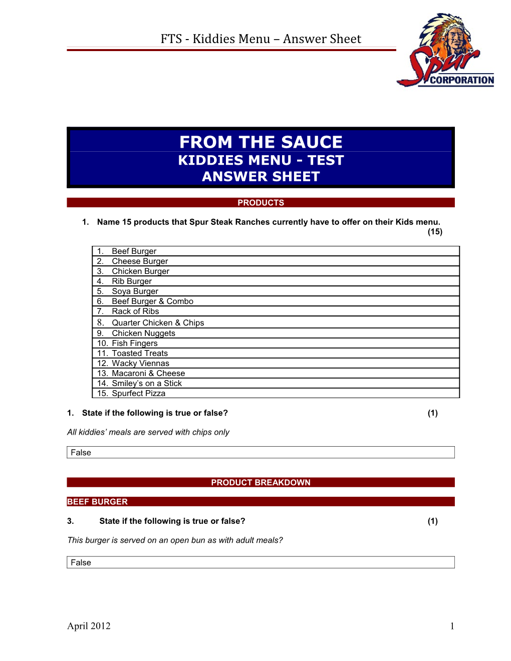 FTS - Kiddies Menu Answer Sheet