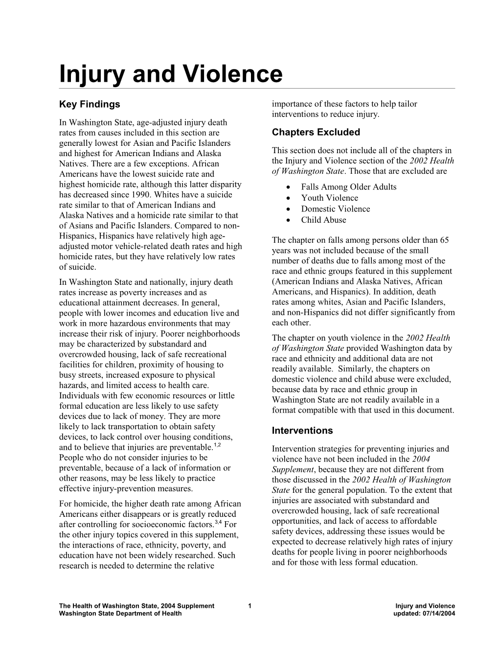 Injury and Violence - Section Overview - 2004