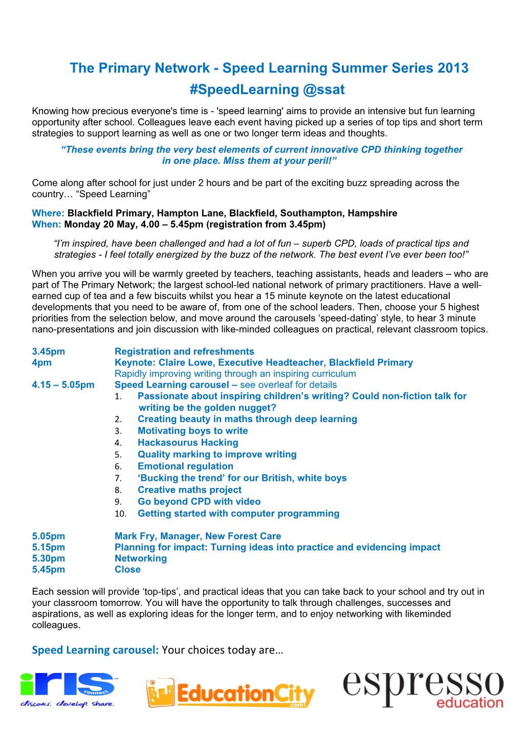Blackfield Speed Learning Agenda 20 May