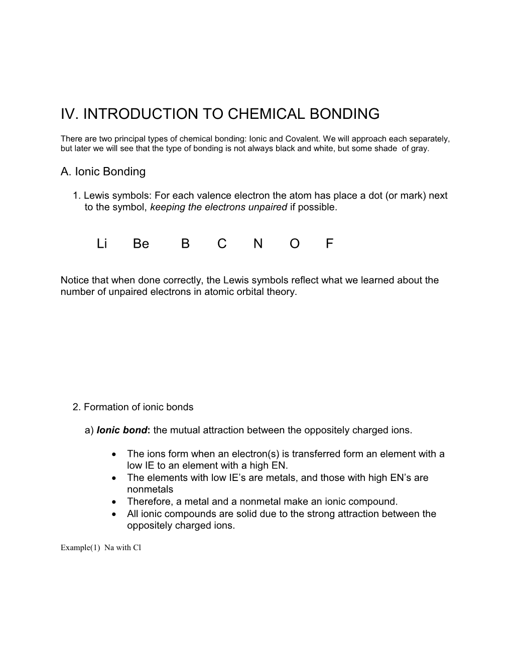 Iv. Introduction to Chemical Bonding