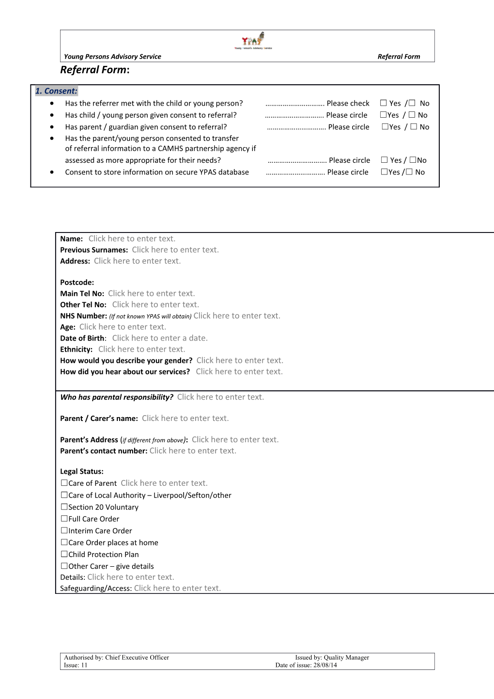 Young Persons Advisory Service Referral Form