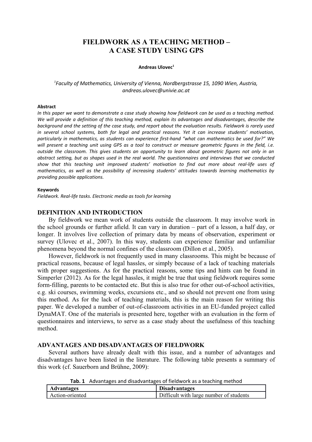 Fieldwork As a Teaching Method a Case Study Using GPS