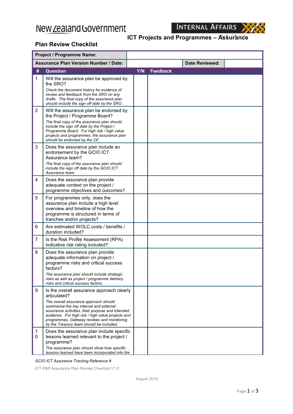ICT Projects and Programmes Assurance Plan Review Checklist