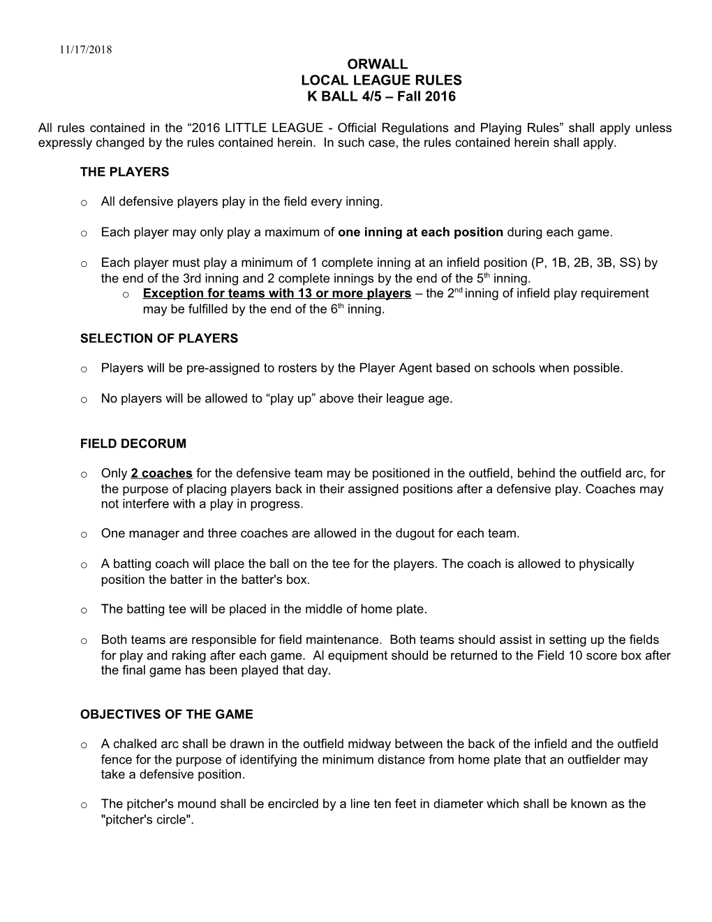 Orwall Local League Rules