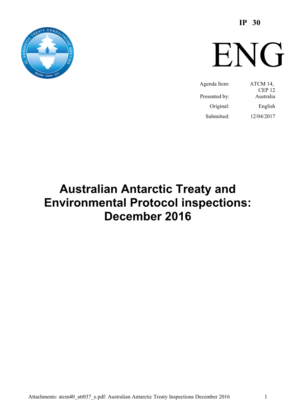 Australian Antarctic Treaty and Environmental Protocol Inspections: December 2016