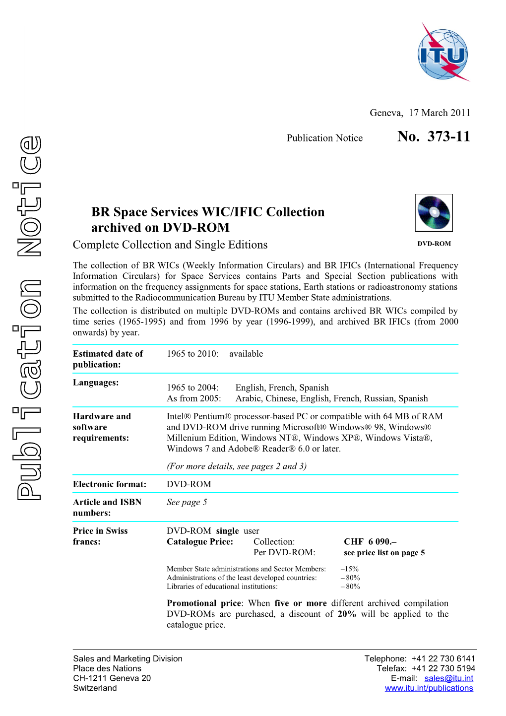 Publication Notice No. 373-09 BR Space Services WIC / IFIC - Collection Archived on DVD-ROM