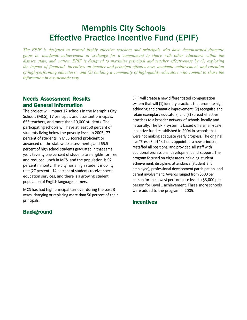 Memphis City Schools Effective Practice Incentive Fund (EPIF) (MS Word)