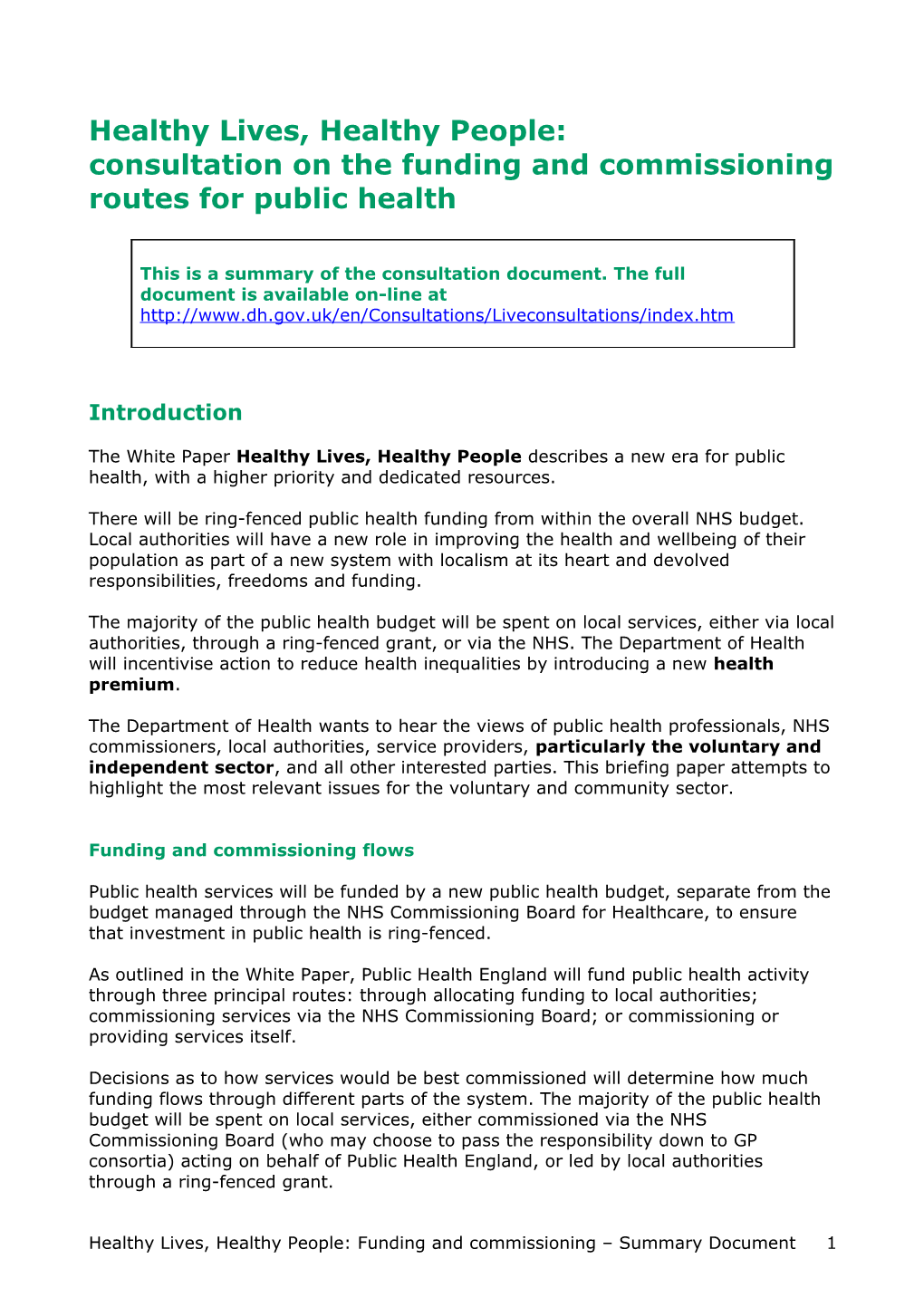 Healthy Lives Healthy People Funding and Commissioning