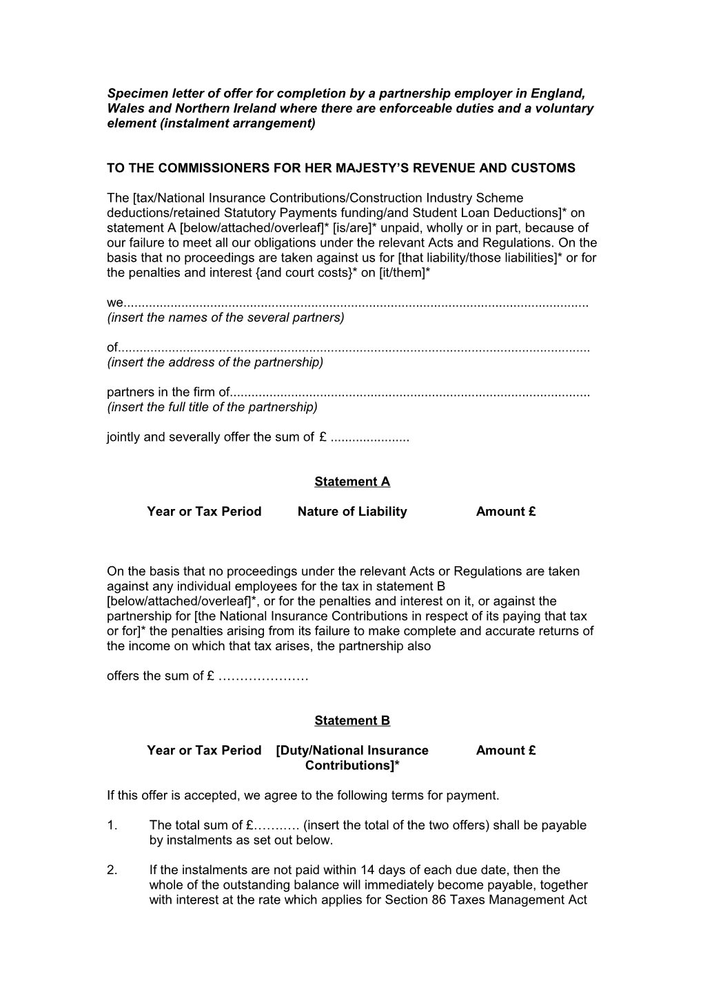 Specimen Letter of Offer for Completion by a Partnership Employer in England, Wales And