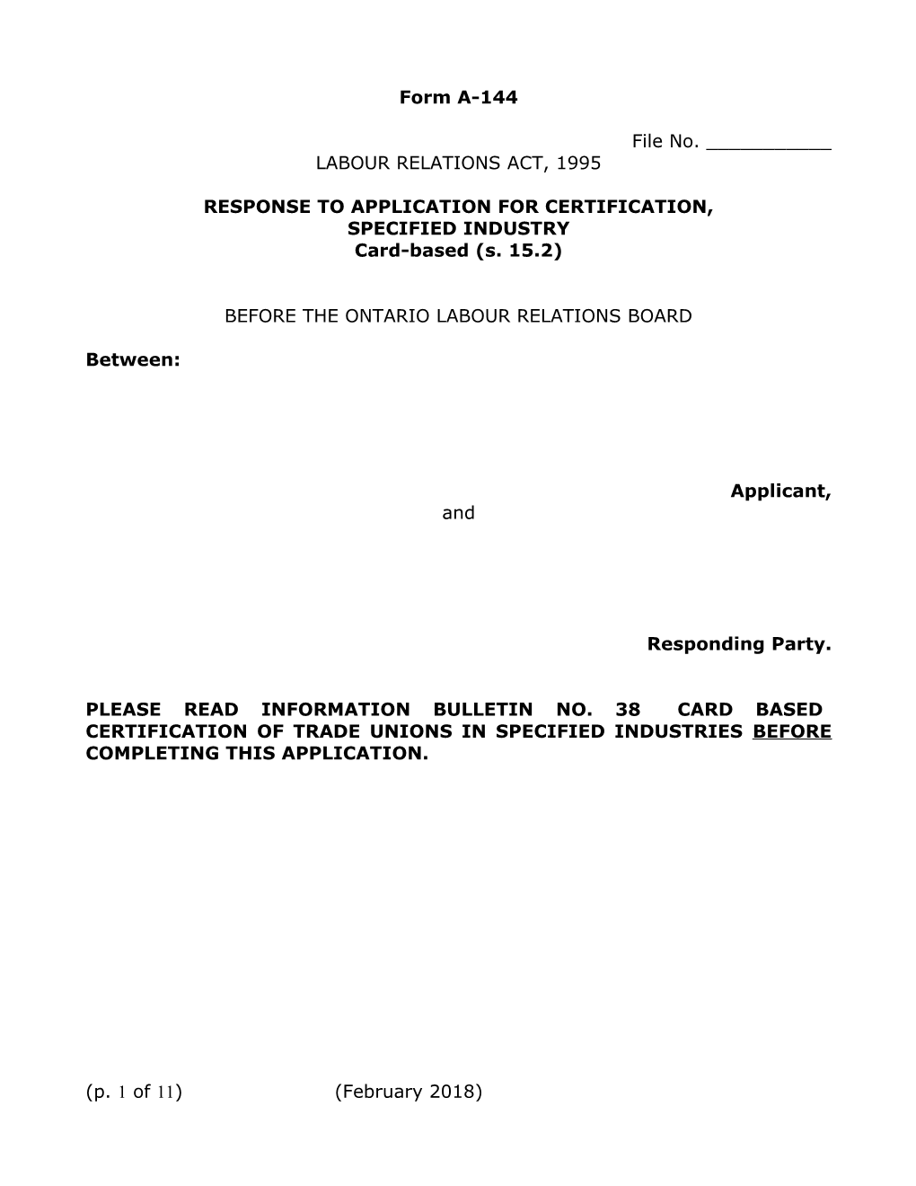 Response to Application for Certification, Construction Industry