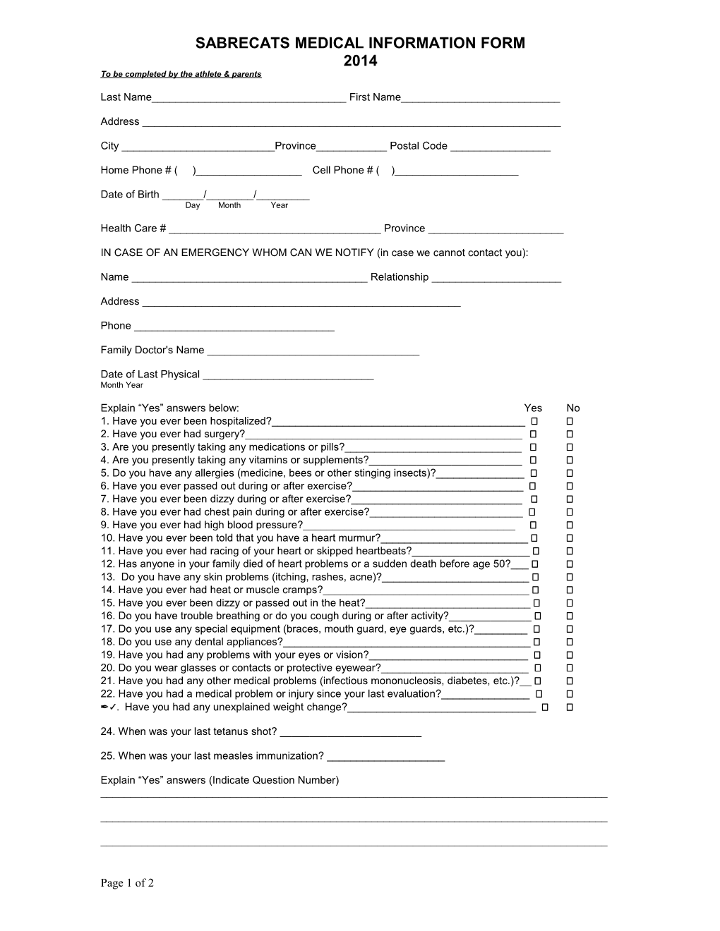 Sherwood Park Crusaders Medical Information Form
